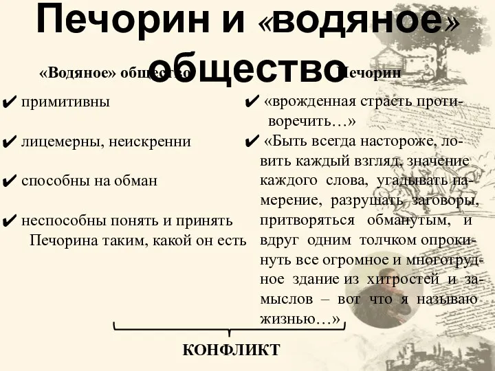 Печорин и «водяное» общество примитивны лицемерны, неискренни способны на обман