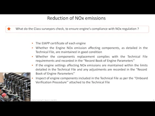 The EIAPP certificate of each engine Whether the Engine NOx