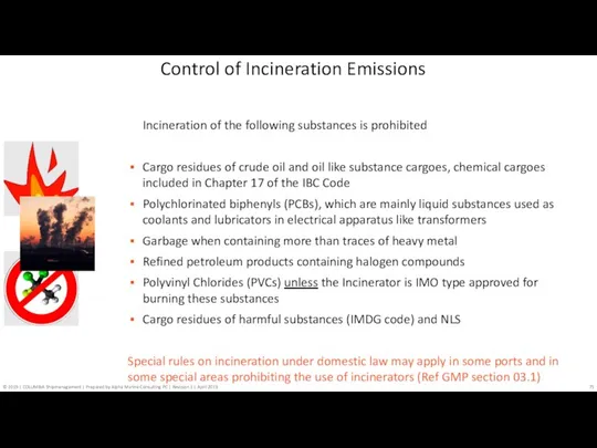 Control of Incineration Emissions Incineration of the following substances is