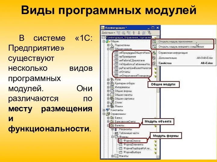 Виды программных модулей В системе «1С:Предприятие» существуют несколько видов программных