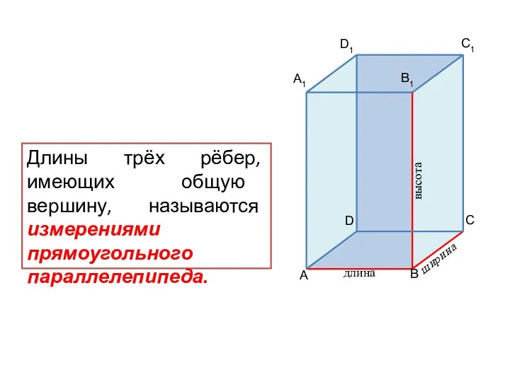 Длины трёх рёбер, имеющих общую вершину, называются измерениями прямоугольного параллелепипеда.