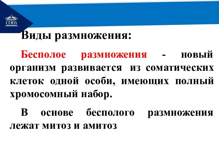 РЕМОНТ Виды размножения: Бесполое размножения - новый организм развивается из