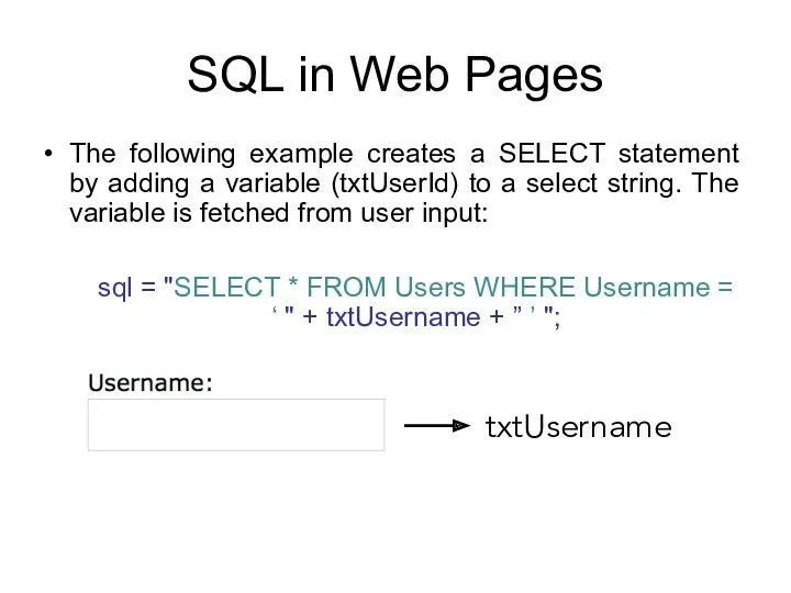 SQL in Web Pages The following example creates a SELECT