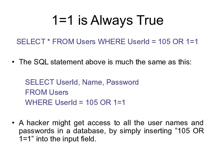 1=1 is Always True SELECT * FROM Users WHERE UserId