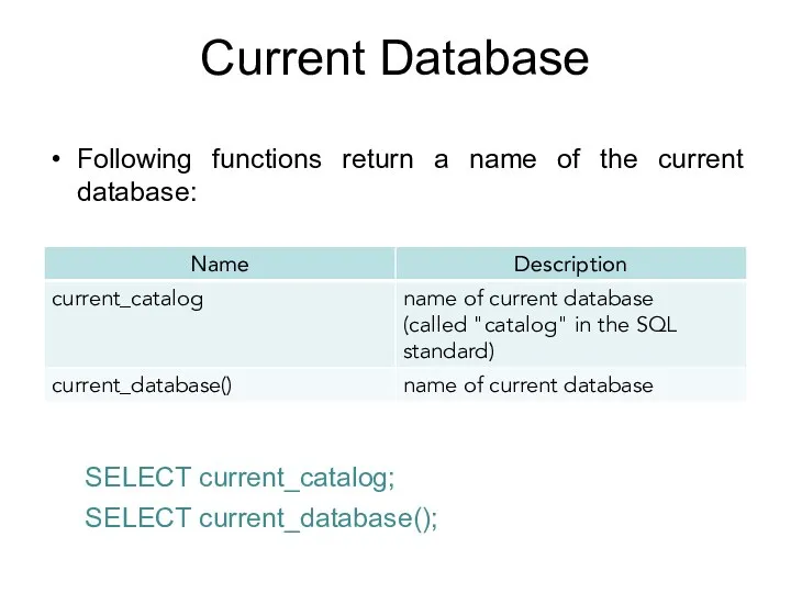 Current Database Following functions return a name of the current database: SELECT current_catalog; SELECT current_database();
