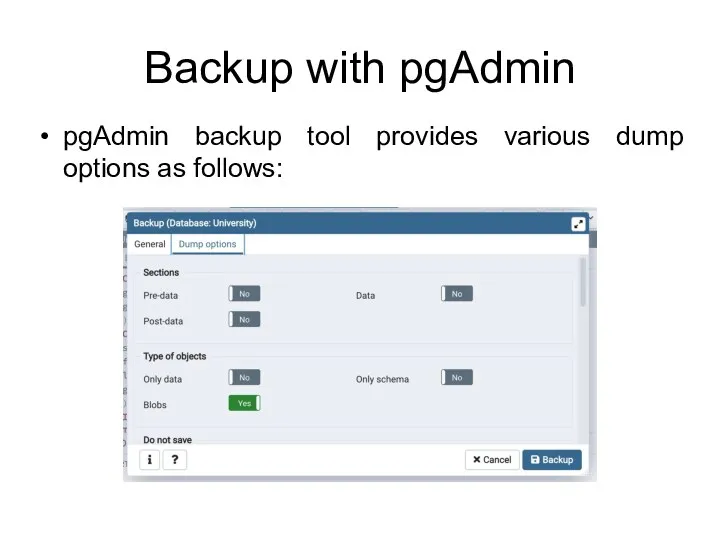 Backup with pgAdmin pgAdmin backup tool provides various dump options as follows: