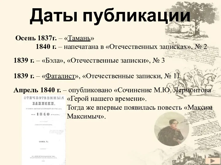 Даты публикации Осень 1837г. – «Тамань» 1840 г. – напечатана