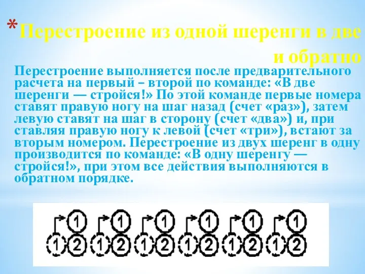 Перестроение из одной шеренги в две и обратно Перестроение выполняется