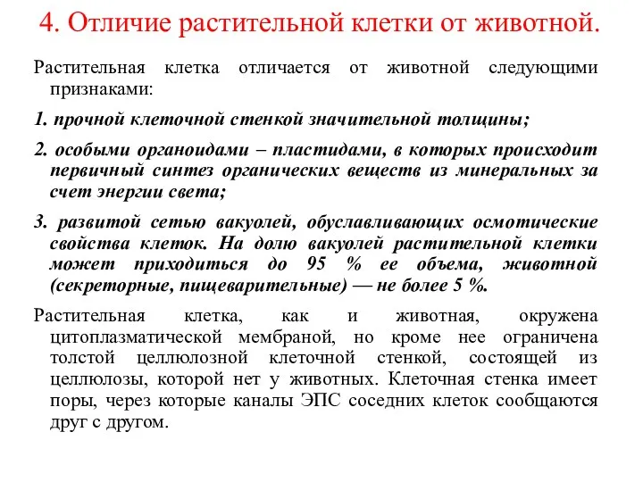 4. Отличие растительной клетки от животной. Растительная клетка отличается от