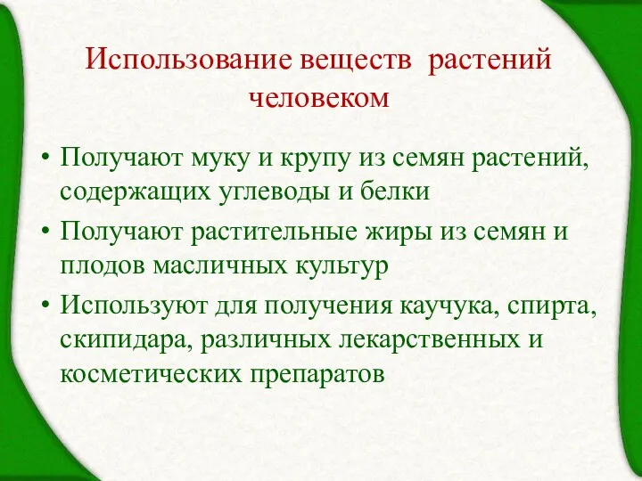 Использование веществ растений человеком Получают муку и крупу из семян