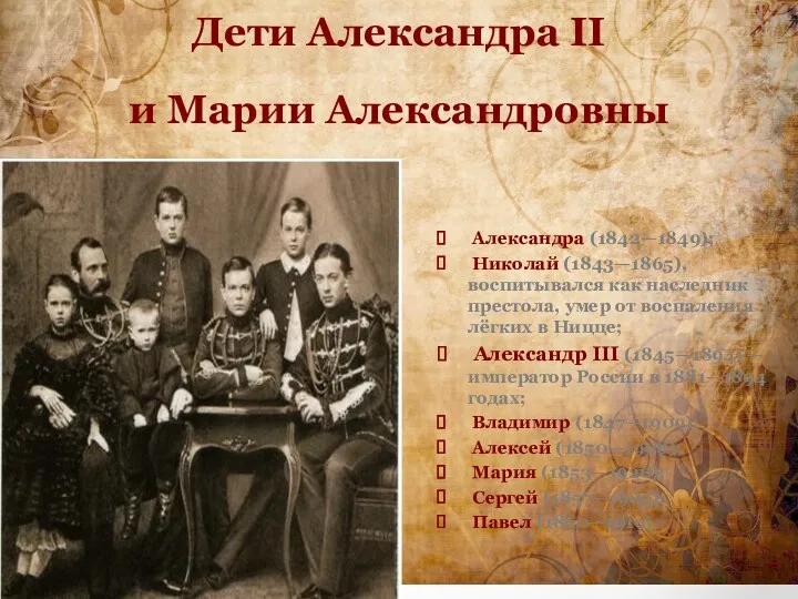 Дети Александра II и Марии Александровны Александра (1842—1849); Николай (1843—1865),