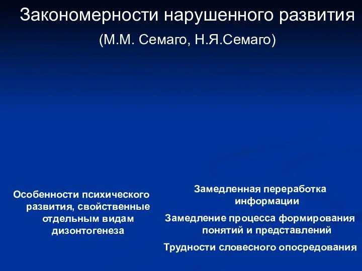 Закономерности нарушенного развития (М.М. Семаго, Н.Я.Семаго) Особенности психического развития, свойственные