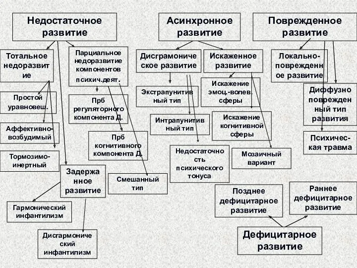 Недостаточное развитие Асинхронное развитие Поврежденное развитие Тотальное недоразвитие Задержанное развитие