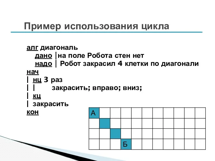 Пример использования цикла алг диагональ дано ⎪на поле Робота стен