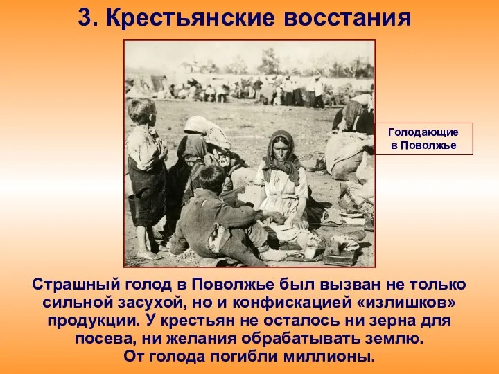 3. Крестьянские восстания Страшный голод в Поволжье был вызван не