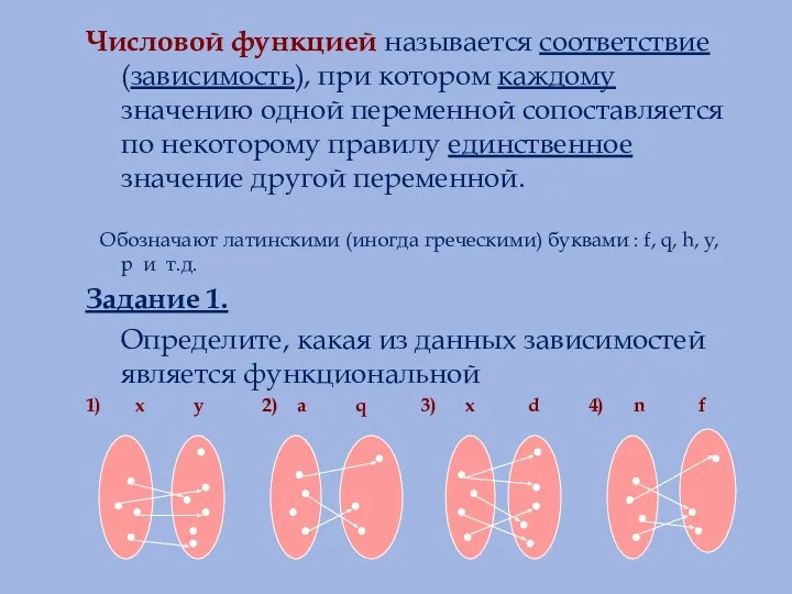 Числовой функцией называется соответствие (зависимость), при котором каждому значению одной