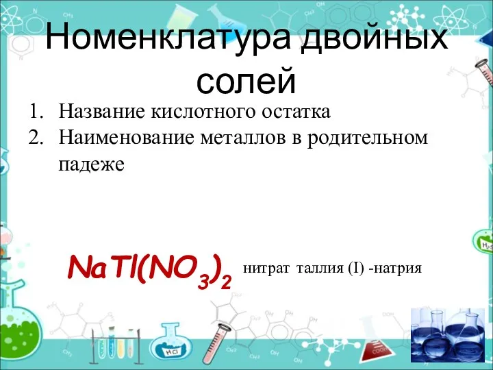 Номенклатура двойных солей таллия (I) -натрия Название кислотного остатка Наименование металлов в родительном падеже NaTl(NO3)2 нитрат