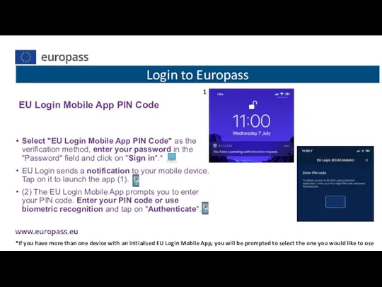 Select "EU Login Mobile App PIN Code" as the verification method, enter your