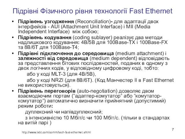 Підрівні Фізичного рівня технології Fast Ethernet Підрівень узгодження (Reconciliation)- для