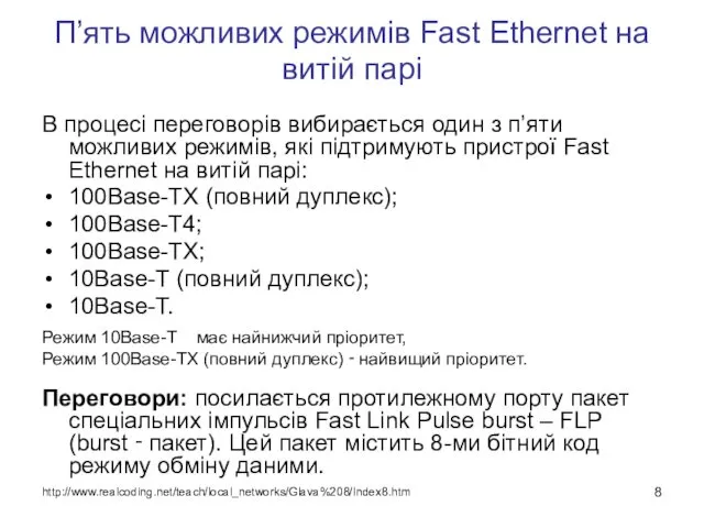 П’ять можливих режимів Fast Ethernet на витій парі В процесі