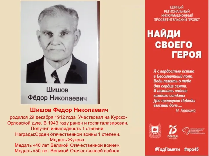 Шишов Федор Николаевич родился 29 декабря 1912 года. Участвовал на