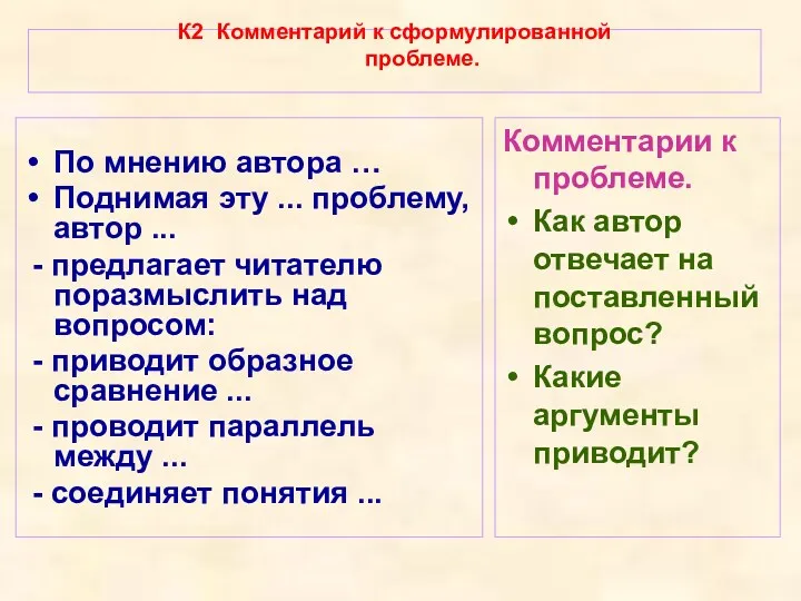 К2 Комментарий к сформулированной проблеме. По мнению автора … Поднимая