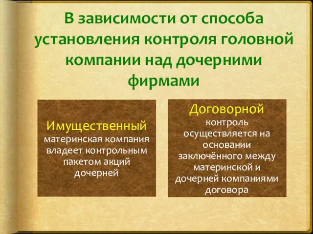 В зависимости от способа установления контроля головной компании над дочерними фирмами