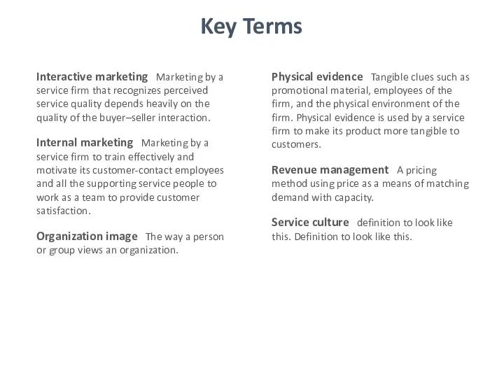 Key Terms Interactive marketing Marketing by a service firm that recognizes perceived service