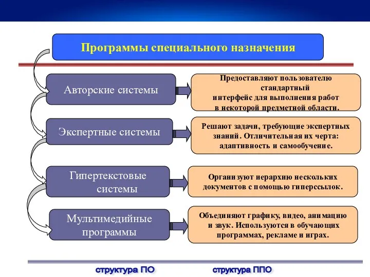 Программы специального назначения Авторские системы Мультимедийные программы Экспертные системы Предоставляют