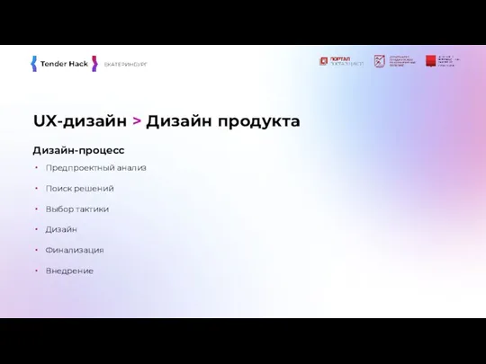 UX-дизайн > Дизайн продукта Дизайн-процесс Предпроектный анализ Поиск решений Выбор тактики Дизайн Финализация Внедрение