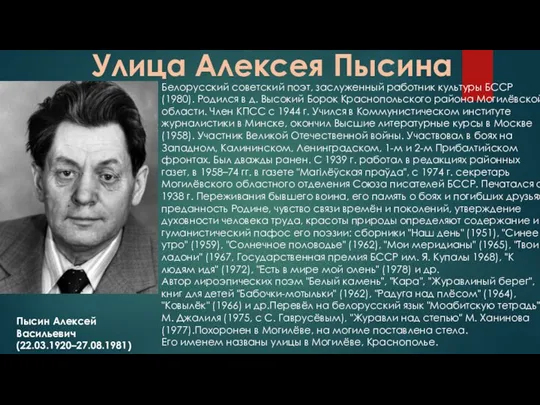 Улица Алексея Пысина Пысин Алексей Васильевич (22.03.1920–27.08.1981) Белорусский советский поэт,