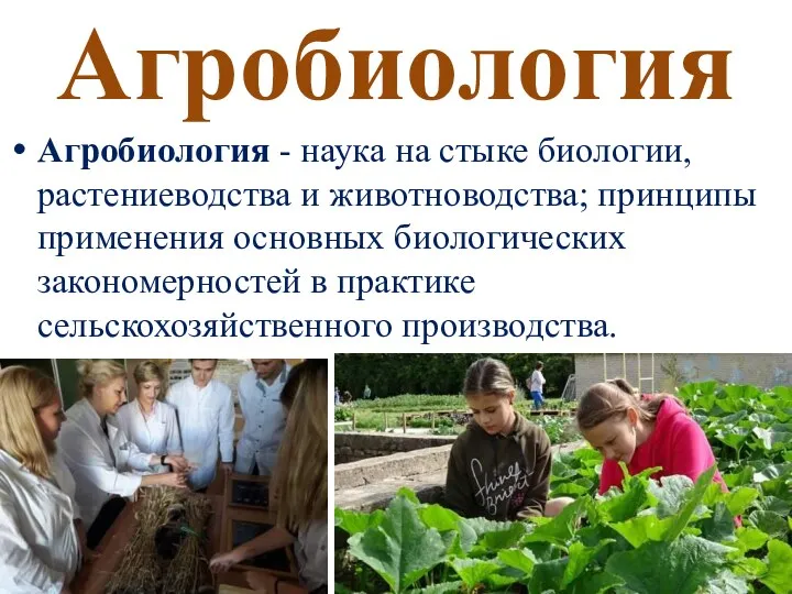 Агробиология Агробиология - наука на стыке биологии, растениеводства и животноводства;