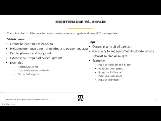 MAINTENANCE VS. REPAIR Maintenance Occurs before damage happens Helps ensure