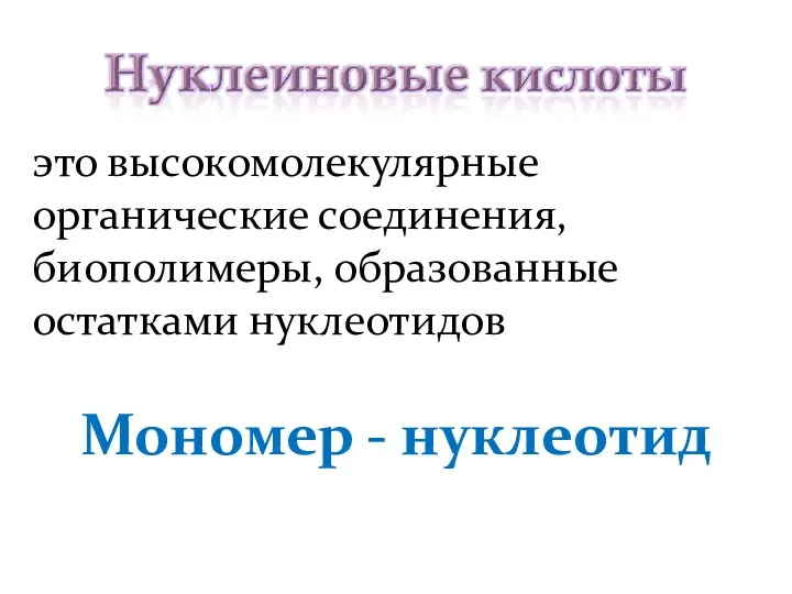 это высокомолекулярные органические соединения, биополимеры, образованные остатками нуклеотидов Мономер - нуклеотид