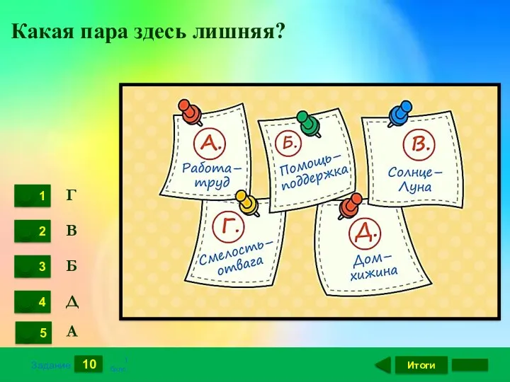 Итоги 10 Задание 1 балл. Г В Б Д А Какая пара здесь лишняя?