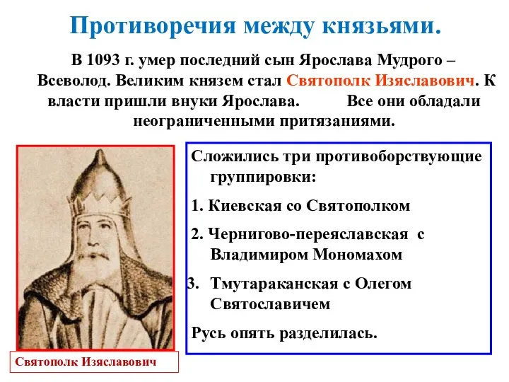 Противоречия между князьями. В 1093 г. умер последний сын Ярослава