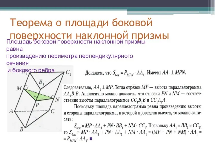 Теорема о площади боковой поверхности наклонной призмы Площадь боковой поверхности наклонной призмы равна