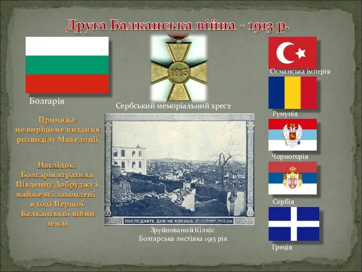 Османська імперія Румунія Чорногорія Сербія Греція Болгарія Зруйнований Кілкіс Болгарська листівка 1913 рік Сербський меморіальний хрест
