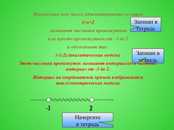 Множество всех чисел, удовлетворяющих условию 3 называют числовым промежутком или