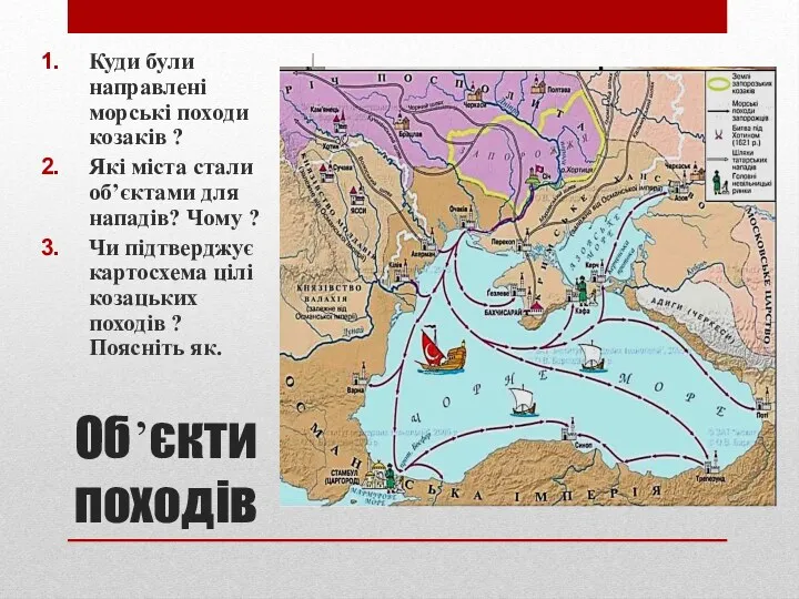 Об’єкти походів Куди були направлені морські походи козаків ? Які