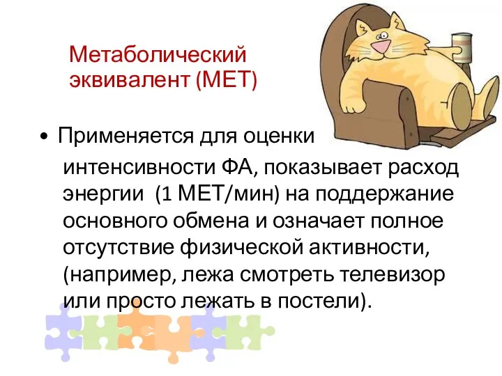 Метаболический эквивалент (МЕТ) Применяется для оценки интенсивности ФА, показывает расход