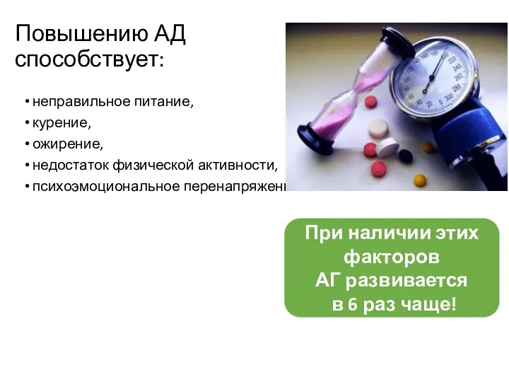 Повышению АД способствует: неправильное питание, курение, ожирение, недостаток физической активности,