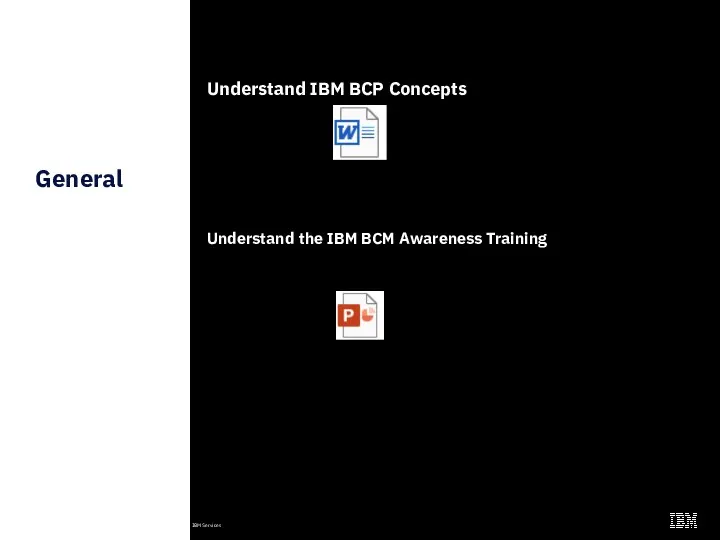General Understand IBM BCP Concepts Understand the IBM BCM Awareness Training General
