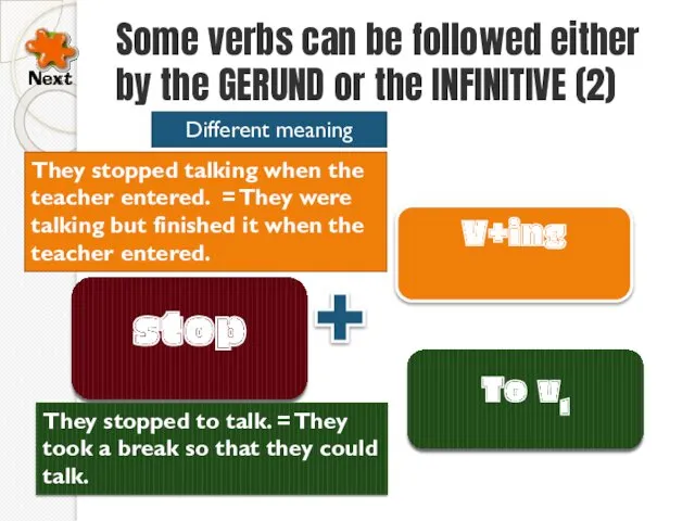 Some verbs can be followed either by the GERUND or the INFINITIVE (2)