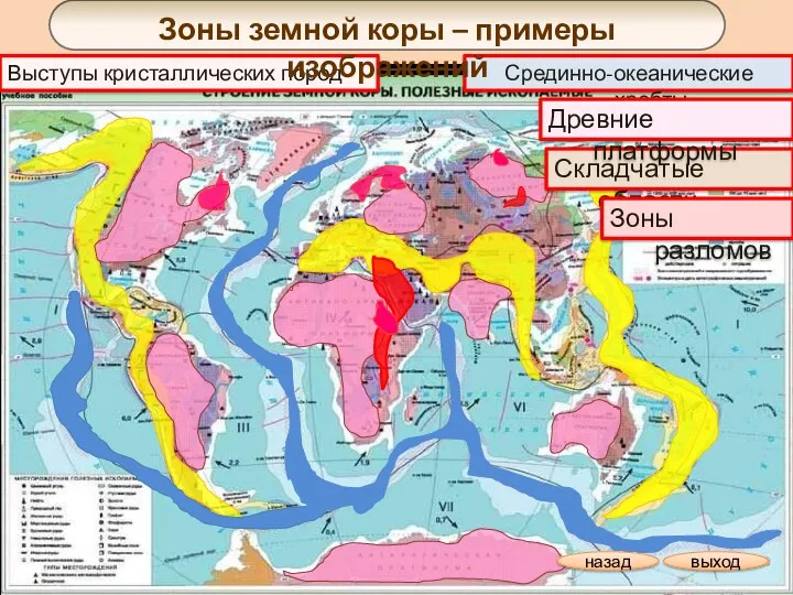 Срединно-океанические хребты Выступы кристаллических пород Зоны земной коры – примеры