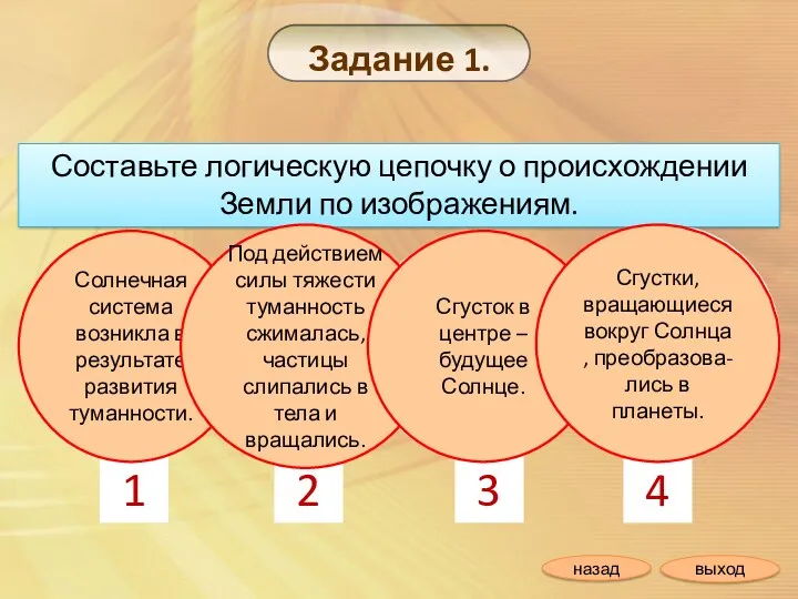 Составьте логическую цепочку о происхождении Земли по изображениям. Задание 1.