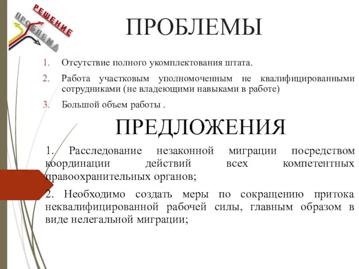 ПРОБЛЕМЫ Отсутствие полного укомплектования штата. Работа участковым уполномоченным не квалифицированными