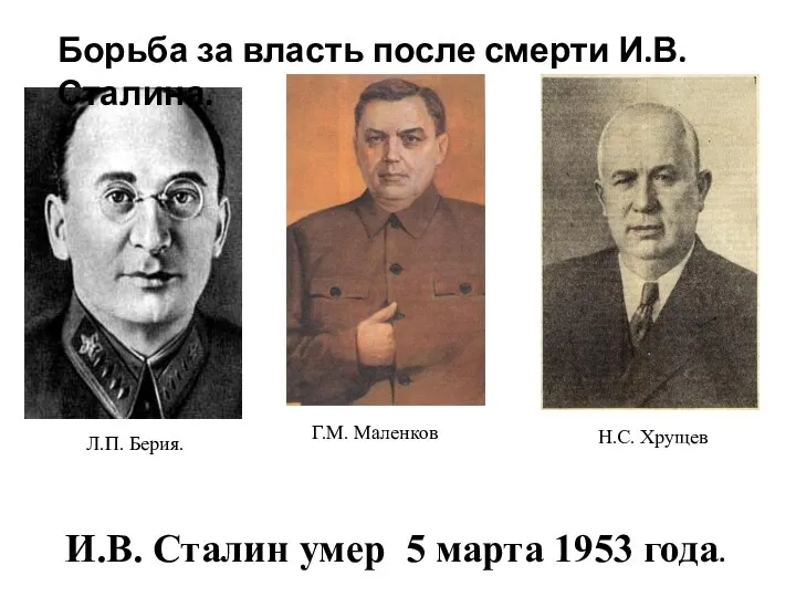 Борьба за власть после смерти И.В. Сталина. Л.П. Берия. Г.М. Маленков Н.С. Хрущев