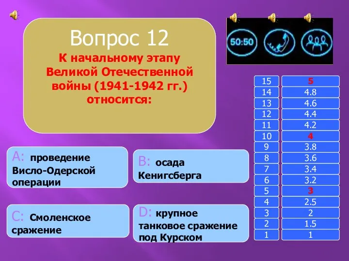 Вопрос 12 К начальному этапу Великой Отечественной войны (1941-1942 гг.) относится: B: осада