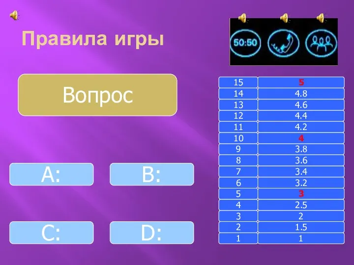 Правила игры Вопрос B: A: D: C: 1 1 2 3 4 5